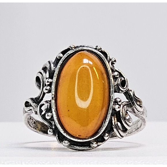Vintage Sterling Silver Amber Ring SZ 7 - Picture 2 of 8